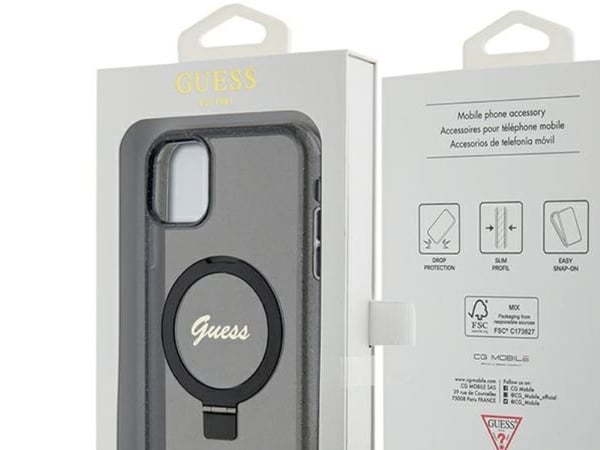 Guess GUHMN61HRSGSK iPhone 11 / Xr 6.1" svart deksel Ring Stand Script Glitter MagSafe