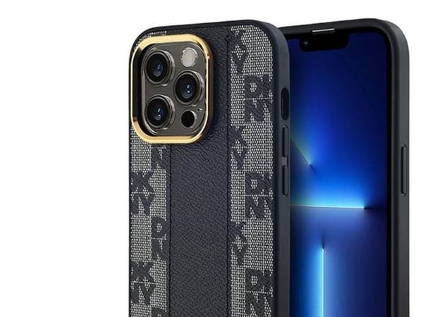 DKNY Läder rutig mono-mönster MagSafe-etu iPhone 14 Pro (svart)