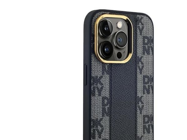 DKNY Läder rutig mono-mönster MagSafe-etu iPhone 14 Pro (svart)