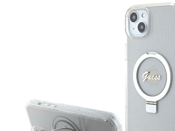 Guess GUHMP15MHRSGSD iPhone 15 Plus / 14 Plus 6,7" klar/gjennomsiktig hardcase Ring Stand Script Glitter MagSafe