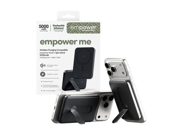 PanzerGlass empower by ® empower Bank w. Spin Stand | 5000mAh | Space Black, Apple, Apple - iPhone 17/16/15/14/13/12, Qi-toiminnolla varustetut äly...