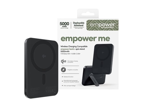 PanzerGlass empower by ® empower Bank w. Spin Stand | 5000mAh | Space Black, Apple, Apple - iPhone 17/16/15/14/13/12, Qi-toiminnolla varustetut äly...