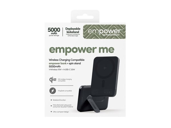 PanzerGlass empower by ® empower Bank w. Spin Stand | 5000mAh | Space Black, Apple, Apple - iPhone 17/16/15/14/13/12, Qi-toiminnolla varustetut äly...