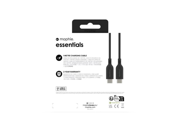 mophie essentials - USB-kabel - USB-C (hane) till USB-C (hane) - 1 m - USB Power Delivery (60W) - svart
