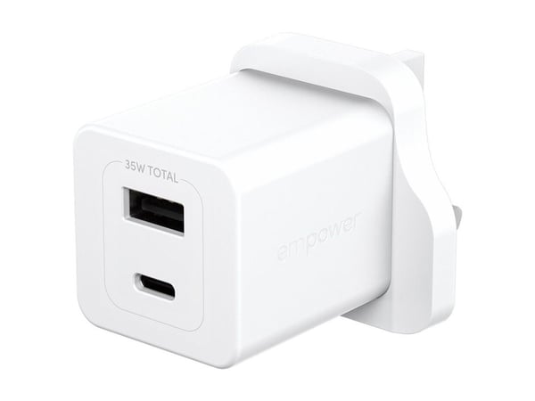 empower by PanzerGlass - Strømadapter - turbo, UK plug - 35 watt - Power Delivery 3.1, Fast Charge - 2 utgangskontakter (USB-C, USB) - sølvhvit empower by PanzerGlass - Strømadapter - turbo, UK plug - 35 watt - Power Delivery 3.1, Fast Charge - 2 utgangskontakter (USB-C, USB) - sølvhvit