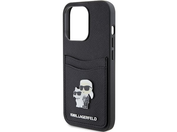 Karl Lagerfeld KLHCP15LSAPKCNPK iPhone 15 Pro 6.1" svart hårt skal Saffiano kortfack Karl&Choupette metallpin