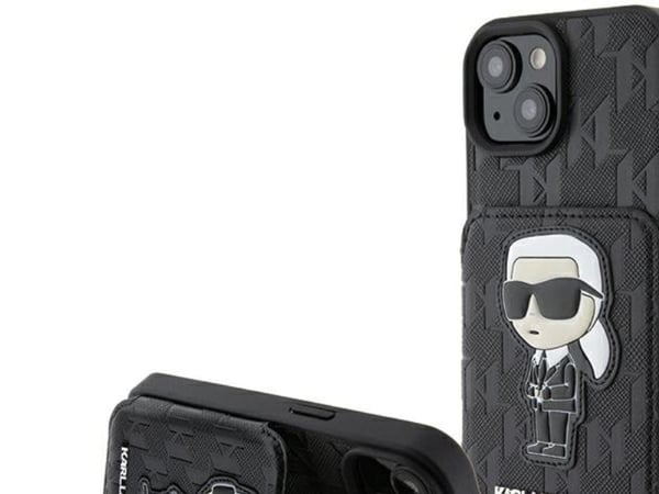 Karl Lagerfeld KLHCP15SSAKKNSCK iPhone 15/14/13 6,1" svart hårdskal Saffiano-kortfack och stativ Monogram Ikonik Patch