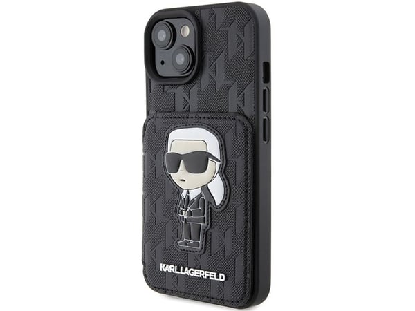 Karl Lagerfeld KLHCP15SSAKKNSCK iPhone 15/14/13 6,1" svart hårdskal Saffiano-kortfack och stativ Monogram Ikonik Patch