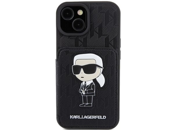 Karl Lagerfeld KLHCP15SSAKKNSCK iPhone 15/14/13 6,1" svart hårdskal Saffiano-kortfack och stativ Monogram Ikonik Patch