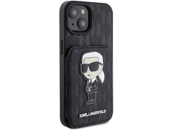 Karl Lagerfeld KLHCP15SSAKKNSCK iPhone 15/14/13 6,1" svart hårdskal Saffiano-kortfack och stativ Monogram Ikonik Patch