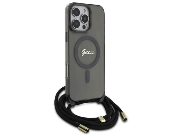 Guess GUHMP16LHCTSGNSK Apple iPhone 16 Pro 6.3" dėklas telefonui juodos spalvos Crossbody johto Script MagSafe