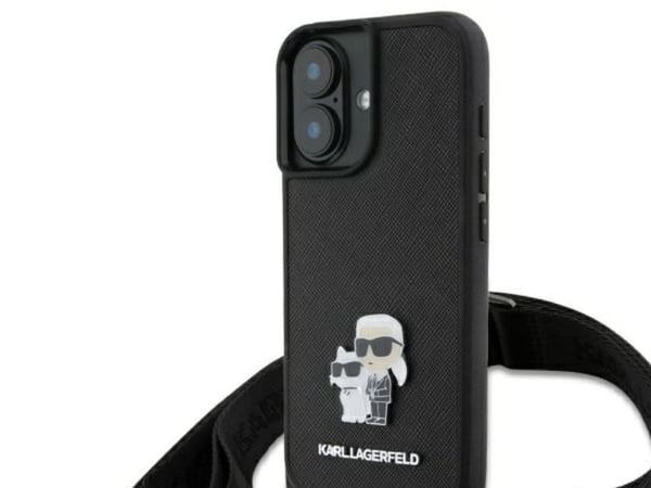 Karl Lagerfeld KLHCP16SSAKCPBK Apple iPhone 16 6,1" deksel til telefon, svart Saffiano Karl&Choupette Metal Pin CBDY Strap