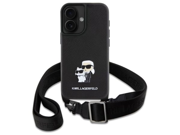 Karl Lagerfeld KLHCP16SSAKCPBK Apple iPhone 16 6,1" deksel til telefon, svart Saffiano Karl&Choupette Metal Pin CBDY Strap