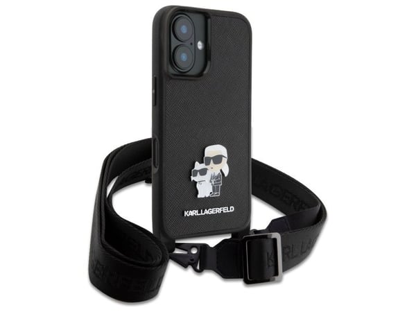 Karl Lagerfeld KLHCP16SSAKCPBK Apple iPhone 16 6,1" deksel til telefon, svart Saffiano Karl&Choupette Metal Pin CBDY Strap