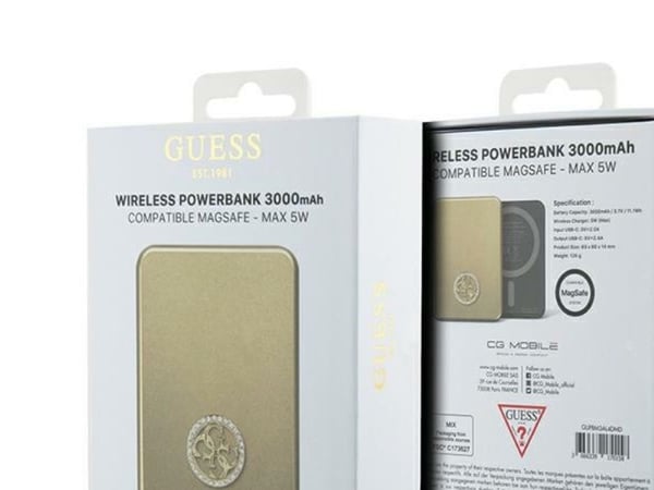 Guess Guess Powerbank Induktiv 5W GUPBM3AL4DMD 3000mAh gull/gull MagSafe 4G Strassed Metal Logo
