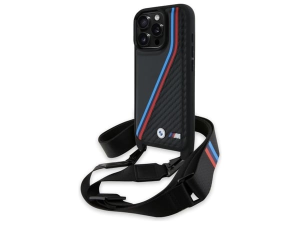 Deklas BMW BMHCP16L23PSVTK iPhone 16 Pro 6.3" juoda/juodas kovakotelo M Edition Carbon Tricolor Lines &amp; hihna