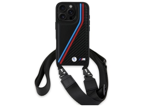 Deklas BMW BMHCP16L23PSVTK iPhone 16 Pro 6.3" juoda/juodas kovakotelo M Edition Carbon Tricolor Lines &amp; hihna