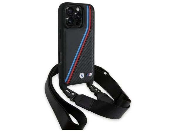 Deklas BMW BMHCP16L23PSVTK iPhone 16 Pro 6.3" juoda/juodas kovakotelo M Edition Carbon Tricolor Lines &amp; hihna