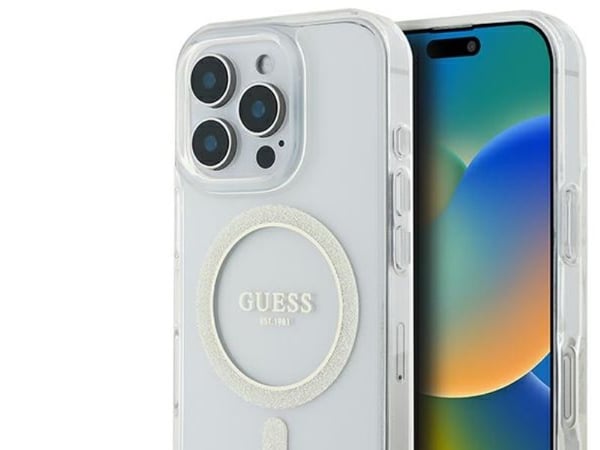 Guess GUHMP16XHFGERET iPhone 16 Pro Max 6,9" gjennomsiktig hardt deksel IML Glitter Circle MagSafe