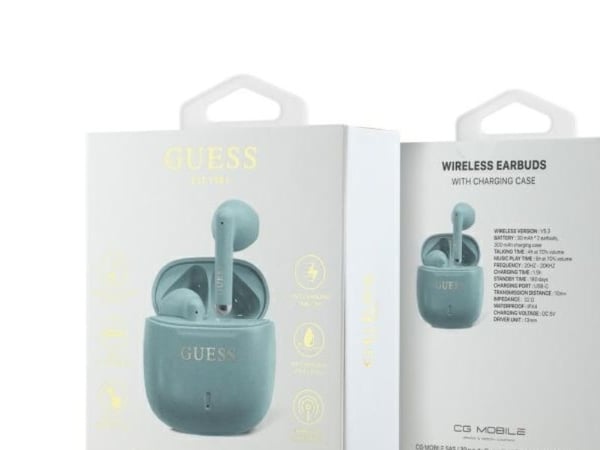 Guess Bluetooth-hodetelefoner GUTWSJ14ESGQ TWS + ladestasjon turkis/turkis Printed Classic Logo