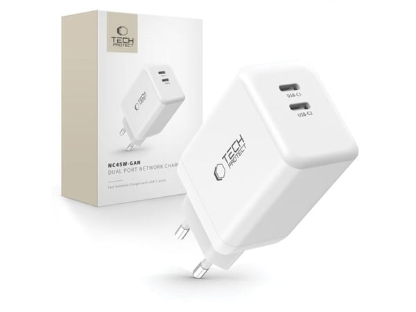 Tech-Protect NC45W-GAN-laddare 45 W, 2x USB-C, GaN, vit