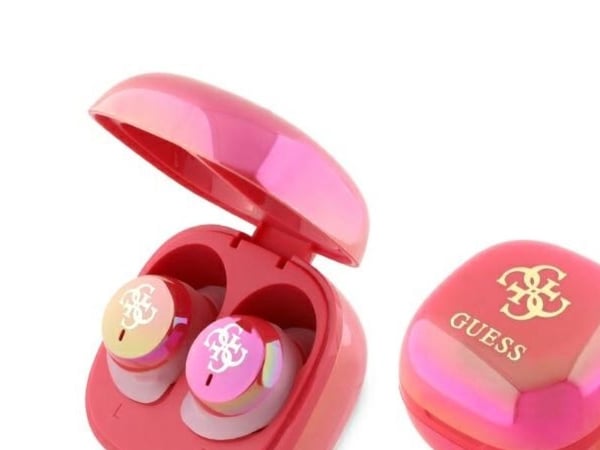 Guess Bluetooth-hodetelefoner GUTWSJ144ESF TWS + ladestasjon fuchsia/fuchsia iriserende, 4G trykt logo