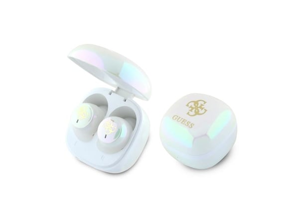 Guess GUTWSJ144ESH trådløse Bluetooth-hodetelefoner TWS + ladestasjon hvit/hvit, iriserende 4G-trykk