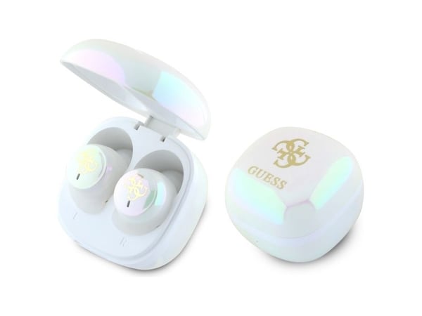 Guess GUTWSJ144ESH trådløse Bluetooth-hodetelefoner TWS + ladestasjon hvit/hvit, iriserende 4G-trykk