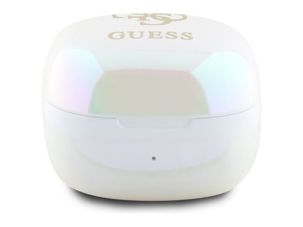 Guess GUTWSJ144ESH trådløse Bluetooth-hodetelefoner TWS + ladestasjon hvit/hvit, iriserende 4G-trykk