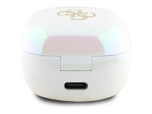 Guess GUTWSJ144ESH trådløse Bluetooth-hodetelefoner TWS + ladestasjon hvit/hvit, iriserende 4G-trykk