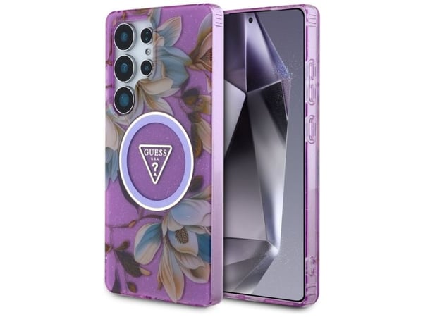 GUESS Veske til SAMSUNG S25 Ultra GUHMS25LHFLPEDU (magnetisk IML metallglitterblomstertriangel) Lilla