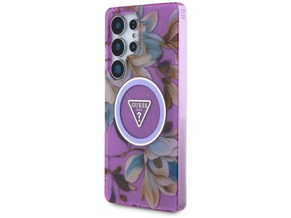 GUESS Veske til SAMSUNG S25 Ultra GUHMS25LHFLPEDU (magnetisk IML metallglitterblomstertriangel) Lilla