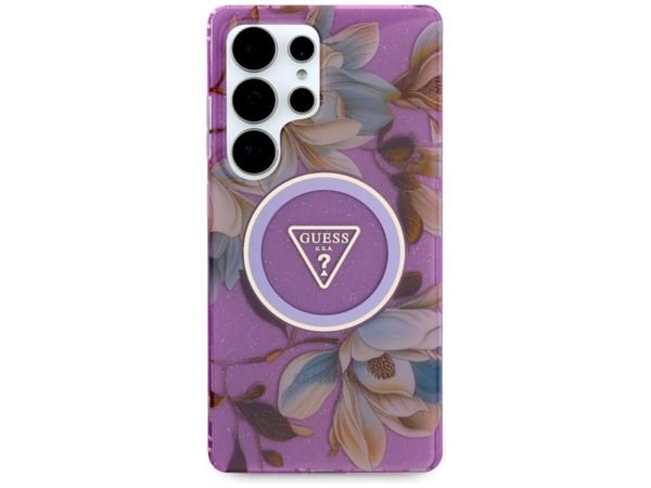 GUESS Veske til SAMSUNG S25 Ultra GUHMS25LHFLPEDU (magnetisk IML metallglitterblomstertriangel) Lilla