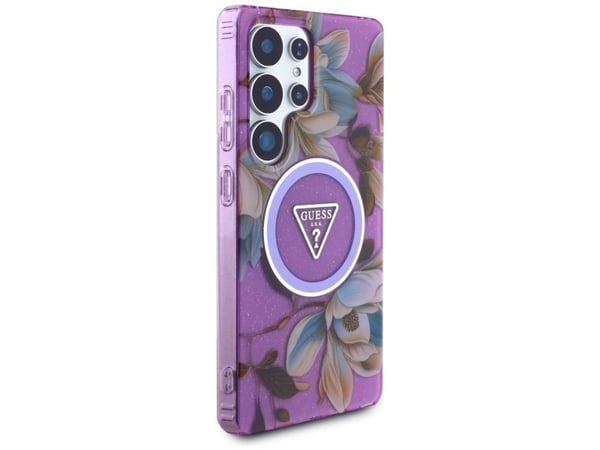 GUESS Veske til SAMSUNG S25 Ultra GUHMS25LHFLPEDU (magnetisk IML metallglitterblomstertriangel) Lilla