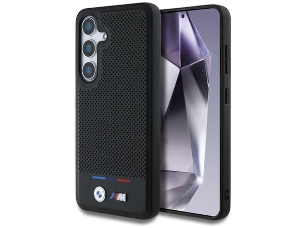 Originalt BMW-telefondeksel i lær med tricolor stripe MagSafe til Samsung Galaxy S25 svart