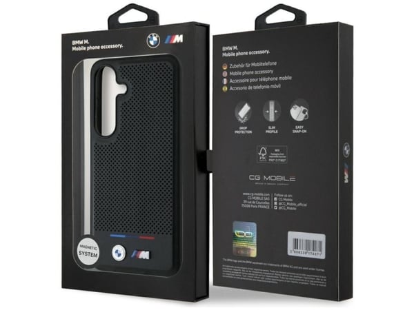 Original BMW-läderfodral tricolor stripe MagSafe till Samsung Galaxy S25 svart