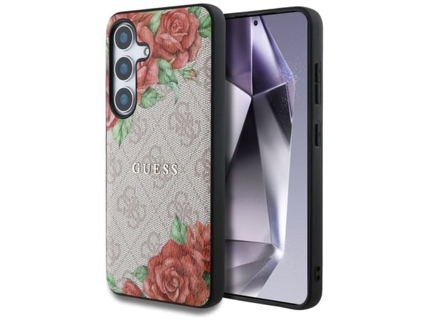 Guess Leather 4G Flowers Print Metal Classic Logo MagSafe-deksel til Samsung Galaxy S25 Rosa