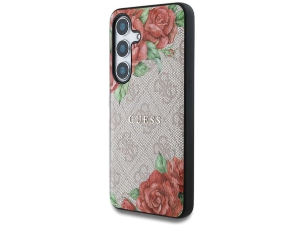 Guess Leather 4G Flowers Print Metal Classic Logo MagSafe-deksel til Samsung Galaxy S25 Rosa