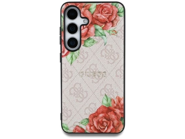 Guess Leather 4G Flowers Print Metal Classic Logo MagSafe-deksel til Samsung Galaxy S25 Rosa