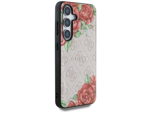 Guess Leather 4G Flowers Print Metal Classic Logo MagSafe-deksel til Samsung Galaxy S25 Rosa