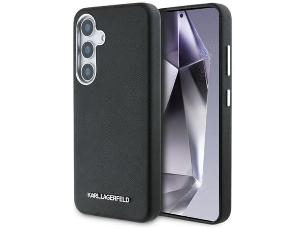 Karl Lagerfeld Saffiano Full-innpakket, langstrakt metalllogo MagSafe Samsung Galaxy S25+ telefondeksel svart