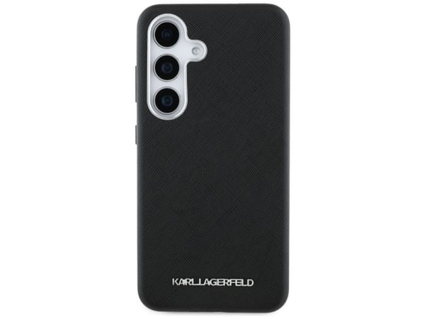 Karl Lagerfeld Saffiano Full-innpakket, langstrakt metalllogo MagSafe Samsung Galaxy S25+ telefondeksel svart