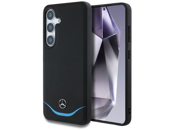 Mercedes Nahka kontrastoitu sininen vaakasuora Curve MagSafe Samsung Galaxy S25 puhelimen tapauksessa musta