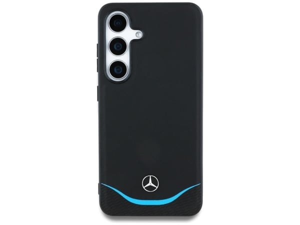Mercedes Nahka kontrastoitu sininen vaakasuora Curve MagSafe Samsung Galaxy S25 puhelimen tapauksessa musta