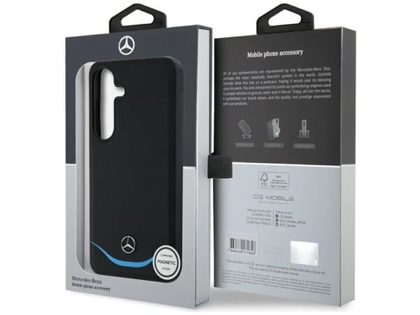 Mercedes Nahka kontrastoitu sininen vaakasuora Curve MagSafe Samsung Galaxy S25 puhelimen tapauksessa musta