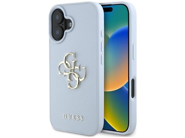 Guess Grained Big 4G Logo Small Classic Logo Apple iPhone 16 dėklas telefonui mėlynos spalvos