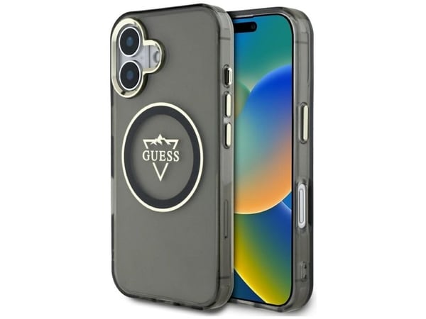 Guess IML Metal Mountain Logo MagSafe Apple iPhone 16 dėklas telefonui juodos spalvos