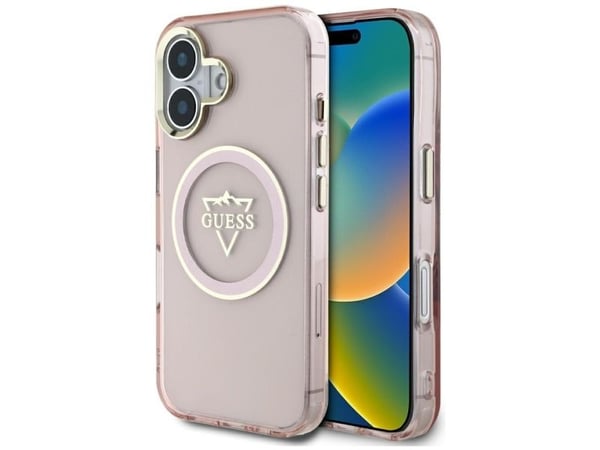Guess IML Metal Mountain Logo MagSafe Apple iPhone 16 kotelo vaaleanpunainen