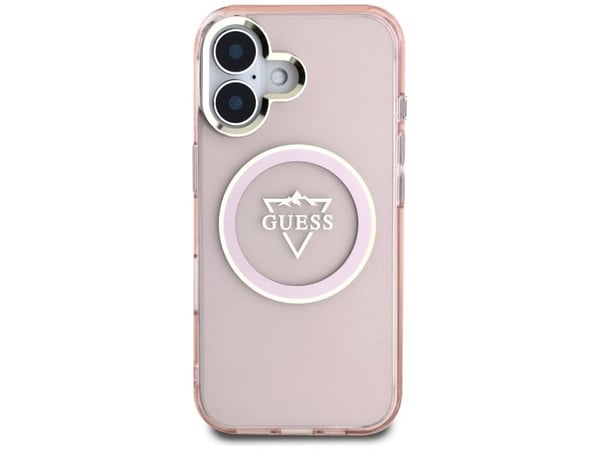 Guess IML Metal Mountain Logo MagSafe Apple iPhone 16 kotelo vaaleanpunainen