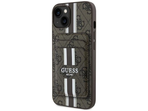 Guess 4G-striper med lommebok Magsafe Apple iPhone 15 hardt deksel brun